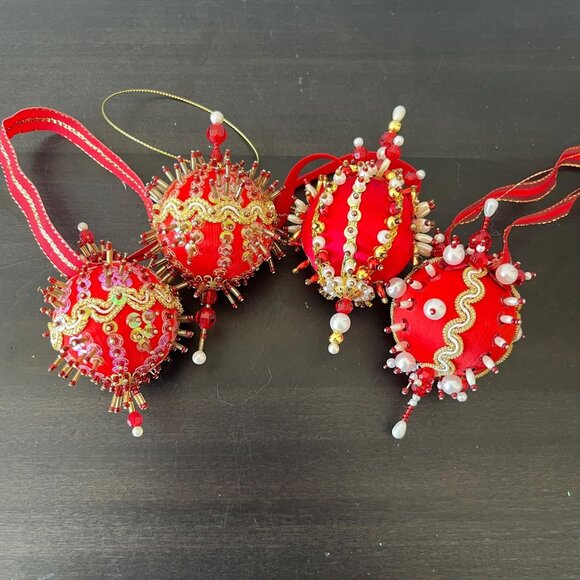 Vintage Beaded Satin Ball Ornaments // Set of 4 Handmade Gold Trimmed Push Pin - Picture 1 of 5